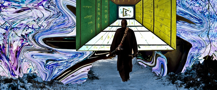 enlightenment representation with walking men and corridor in the sky