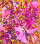 Floral pattern mottled abstract art image with flower like shapes in dominant pink and orange tones