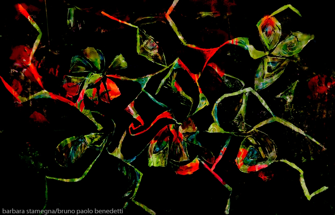abstract image with floral green and red like flower shapes on black dappled background