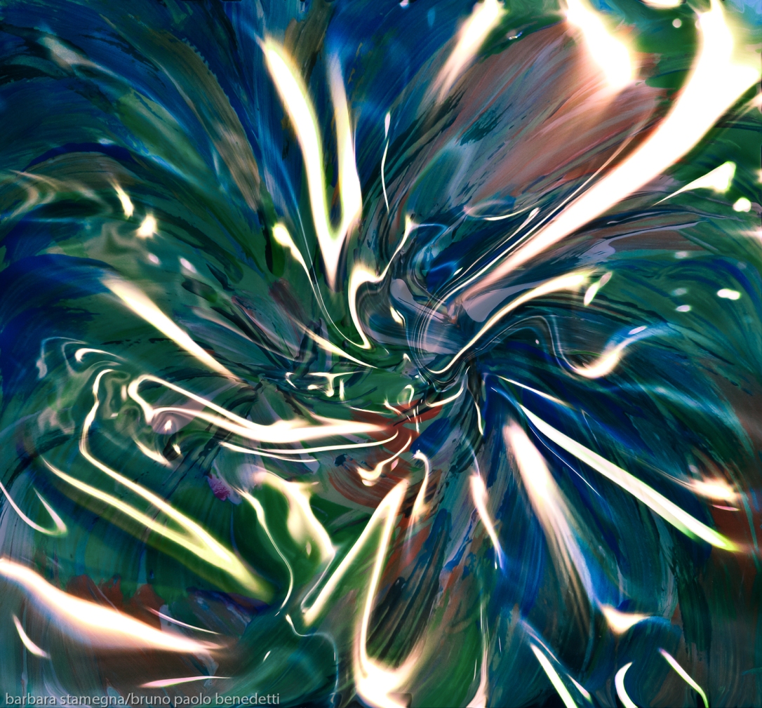 fluid shining vortex abstract art image in dominant blue and green colors with white converging shapes