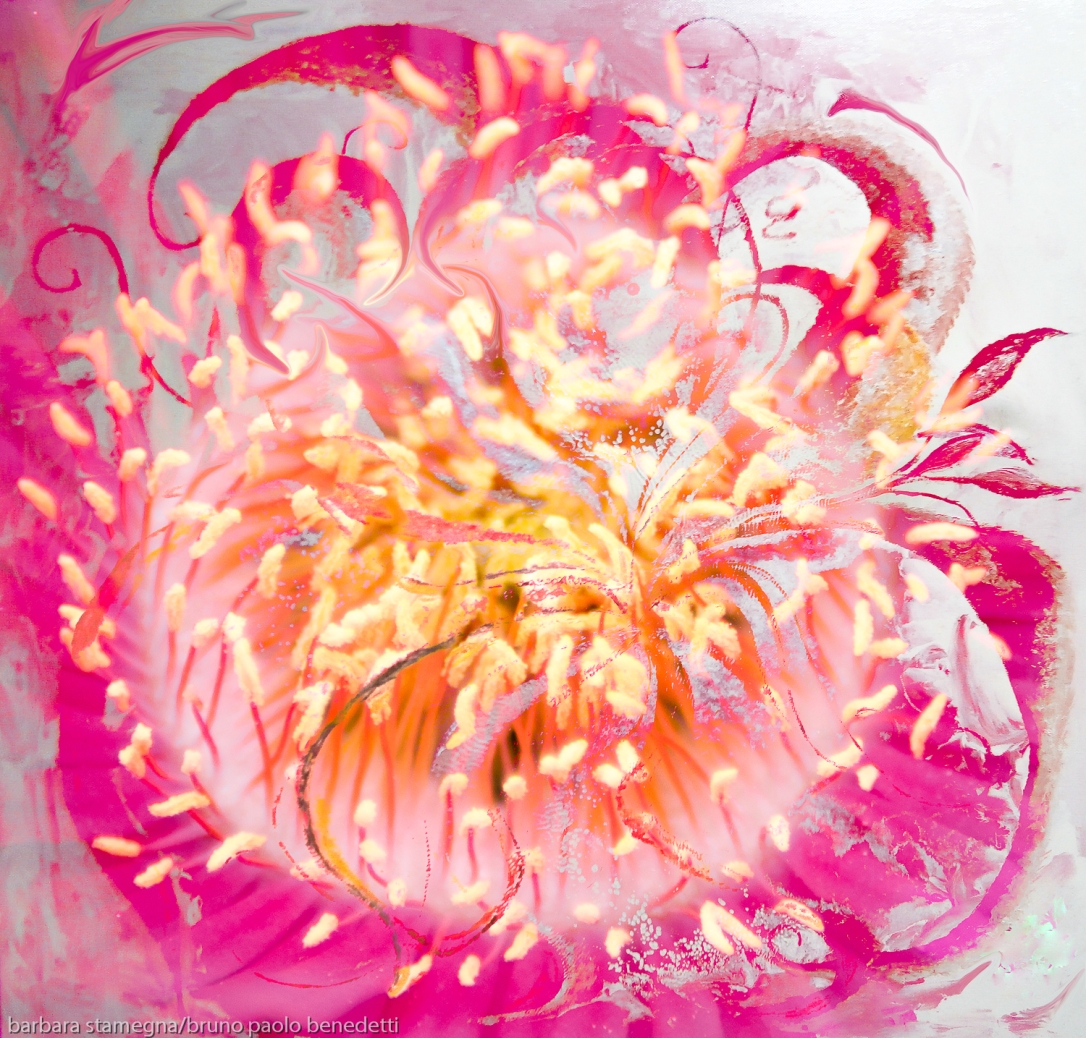 soft sparkling energy vortex abstract art image with yellow floating abstract shapes in a fuchsia color like whirlpool