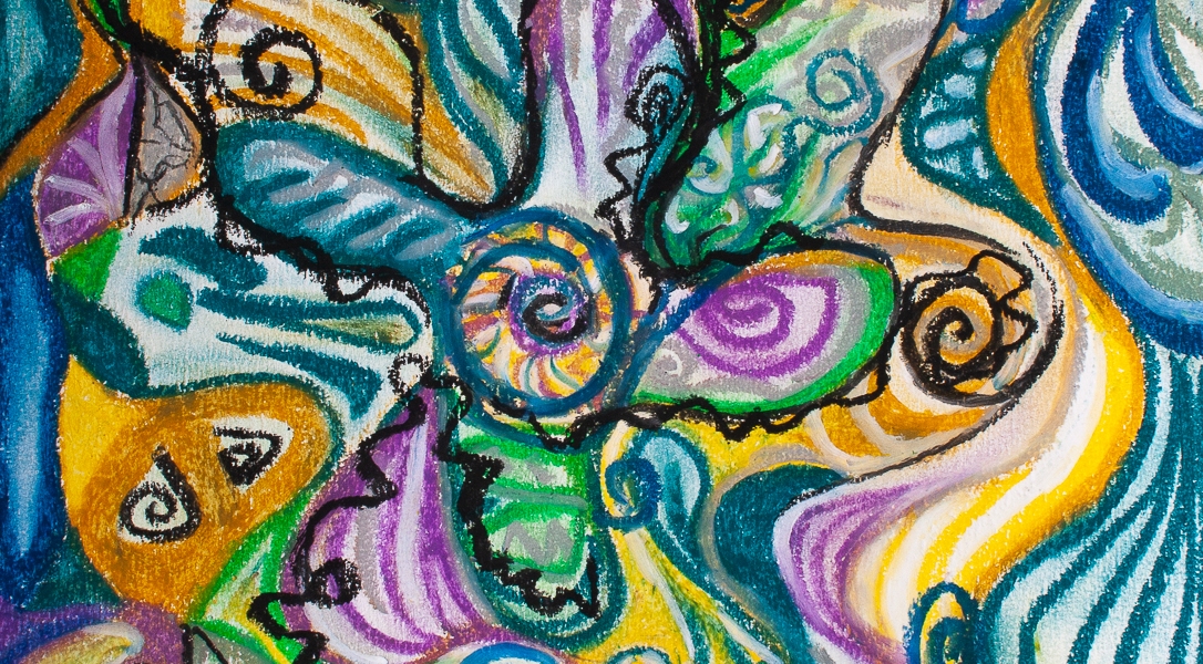multicolored curved shapes and bended lines abstract image composition in tones of blue,yellow,green,white,purple and black. 24X33 cm oil pastels on carboard.The artwork may have multiple intrepretations according to the viewer's perspective and experience of life,so that the viewer becomes himself/herself the artist.