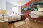 adhesive mural print with abstract orange color on bedroom wall