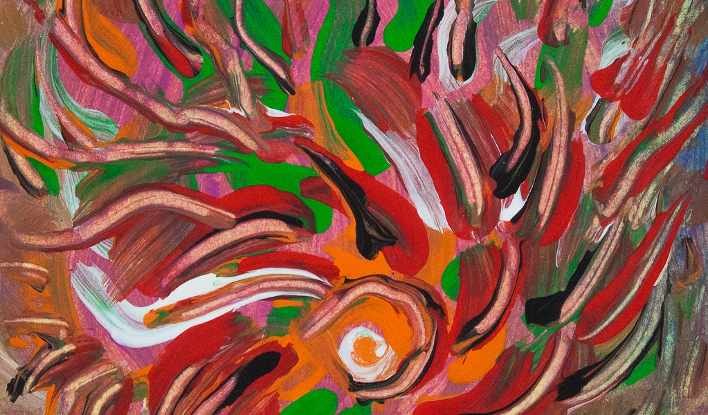 Flaming vortex like abstract image with converging lines of fluid colors in tones of orange, red, pink, green, brown, black and white colors.